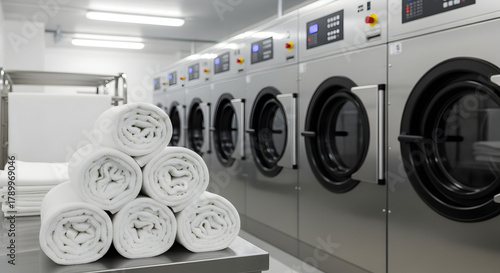 Stack of clean white towels in a professional hotel laundry room with industrial washing machines.