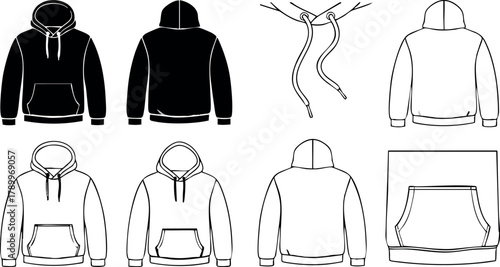 Hoodie vector design template front back and pocket detailed sketch clothing apparel fashion outline drawing