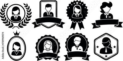Collection of award badges with male and female portraits in black and white vector style for recognition and achievement design