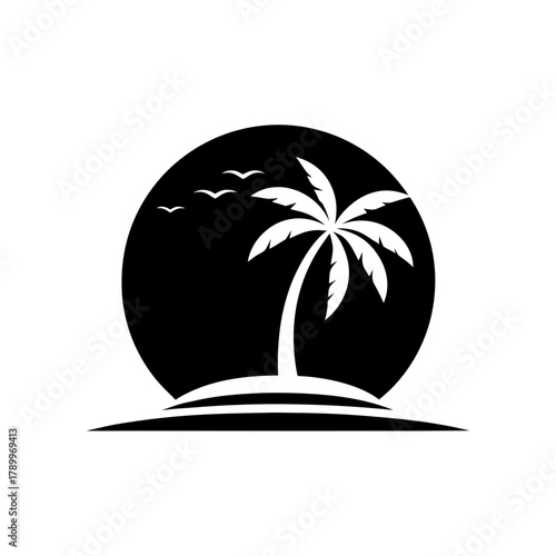 Palm tree silhouette with birds flying on transparent background