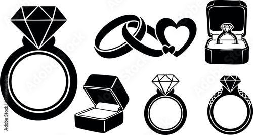 Diamond engagement rings with wedding bands and open ring boxes vector icons in black and white design