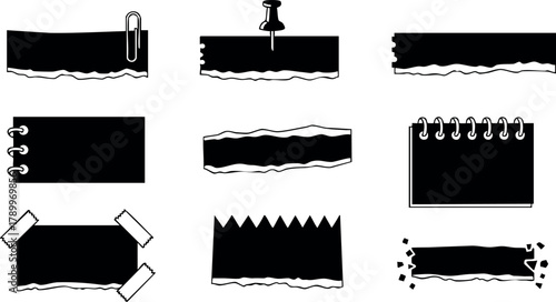 Black sticky note vector set with paperclip, pin, tape, and torn edges for design elements and reminders