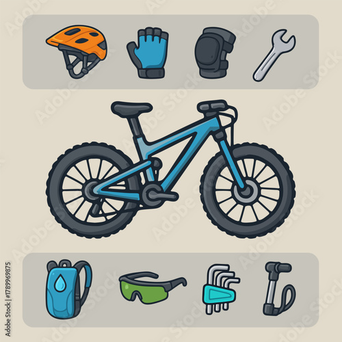 Mountain Bike Icon Set MTB Helmet, Gloves, Bike Tools, Sunglasses, Water Bladder, Pump, Protector