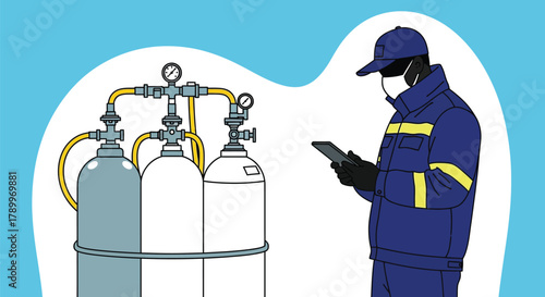 Safety inspector checks oxygen tank levels with phone app on site