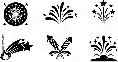 Fireworks vector set with star effects for celebrations and festive events in black silhouette style