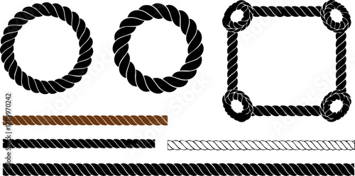 Nautical rope set with circular and square knots and various twisted rope segments in black, white, and brown tones vector design