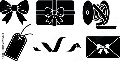 Gift bow ribbon icons set with present package tag envelope and spool ribbon vector illustration