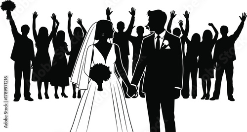 Elegant bride and groom celebrate with joyful wedding party crowd