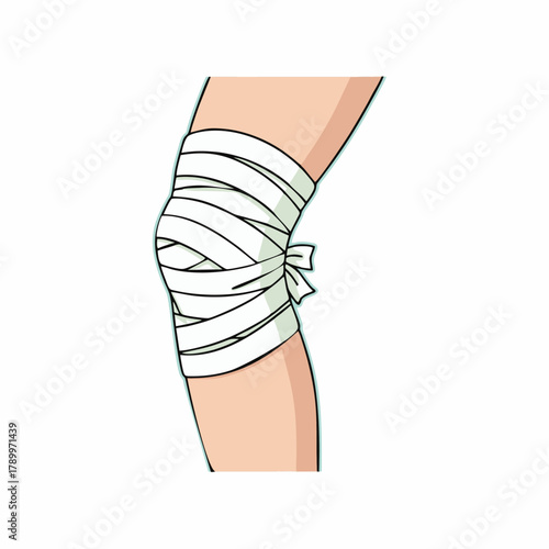 vector illustration showing the proper technique for wrapping a knee with an elastic bandage.
