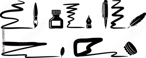 Ink pen and ink bottle vector set with ink strokes and feather quill drawing tools collection