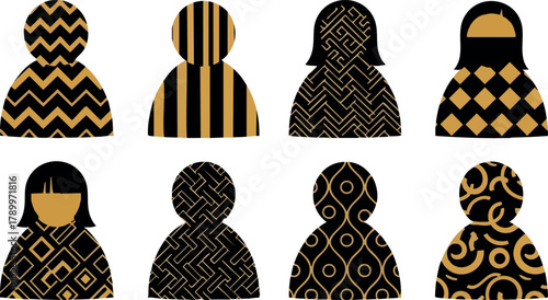Black and gold patterned abstract human icons set with geometric shapes and decorative designs vector collection