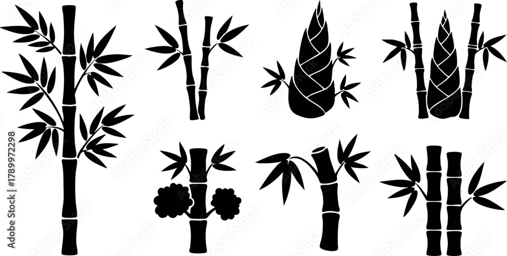 Obraz premium Bamboo silhouettes set with stalks and shoots in black vector design elements for nature and plant graphics