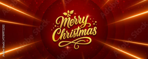 Merry Christmas gold script text on a red starburst background