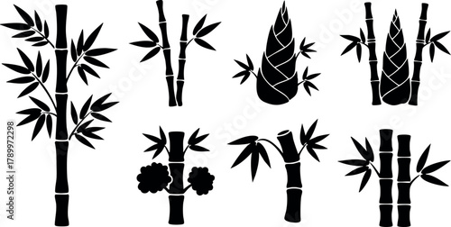 Bamboo silhouettes set with stalks and shoots in black vector design elements for nature and plant graphics
