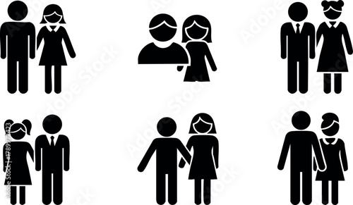 Family icons set for diverse relationships and couples in simple black vector design