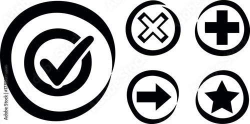 Simple black and white check mark cross plus arrow star symbols set vector design for user interface icons and graphic elements