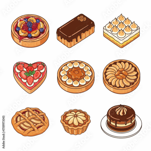 Delicious bakery pastries and cakes set vector illustration