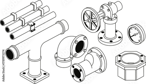 Pipes and fittings illustration for industrial design projects