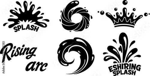 Black Splash Water Drops Vector Set with Rising Arc and Crown Design Elements for Creative Use