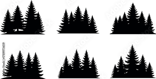 Pine tree silhouettes vector set with six black forest shapes for nature and outdoor design elements