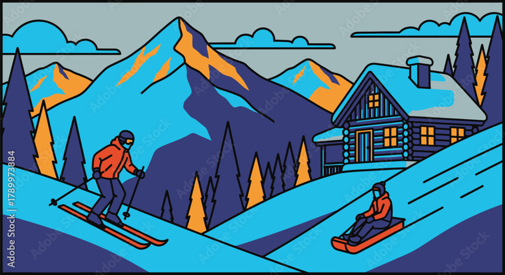 Obraz premium Winter wonderland escape skiing and sledding in mountain cabin scene