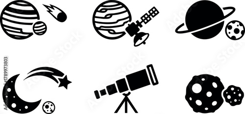 Space icons set with planets stars comets telescope and satellite vector design collection