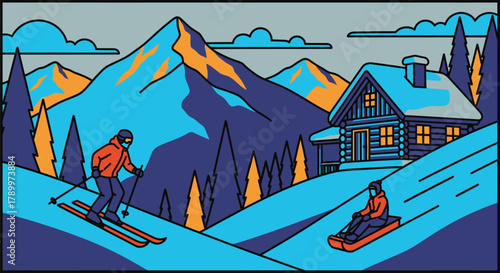 Winter wonderland escape skiing and sledding in mountain cabin scene