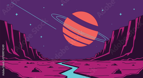 Explore a vibrant alien landscape with planets, stars and river