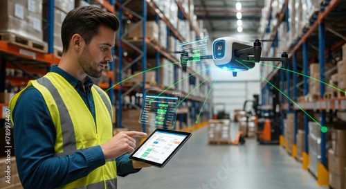 Focused male business agent manages warehouse inventory using advanced ai technology. flying drone scans packages for modern logistics operation controlled by tablet