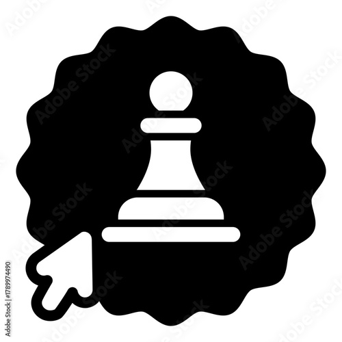 Sticker with chess pawn and mouse pointer solid icon, game concept. Vector graphics. Gaming sign on white background, style icon mobile or web design.