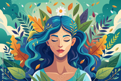 Portrait of a woman finding inner peace with leaves flowing from her mind, mental health awareness art, mindfulness, quiet meditation, and emotional healing concept.