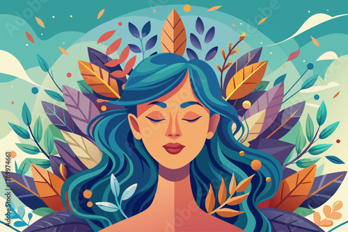 Portrait of a woman finding inner peace with leaves flowing from her mind, mental health awareness art, mindfulness, quiet meditation, and emotional healing concept.