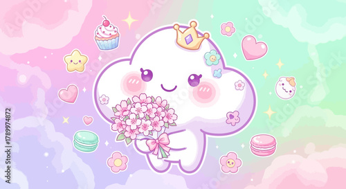 Cartoon cloud character with bouquet and accessories on pastel background