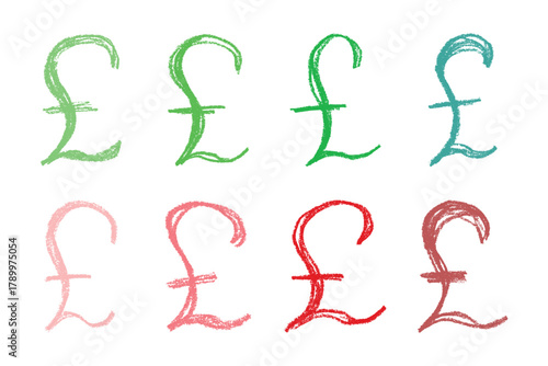 Set of hand drawn british pound currency symbol. Brush stroke doodle. Single element for design