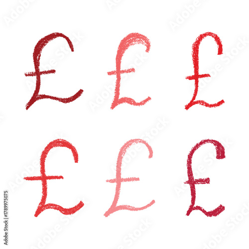 Set of hand drawn british pound currency symbol. Brush stroke doodle. Single element for design