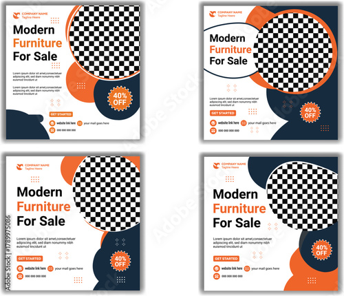 Modern furniture sale social media post template set, customizable for online promotions and digital marketing