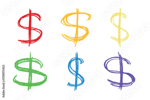 Set of hand drawn dollar currency symbol. Brush stroke doodle. Single element for design