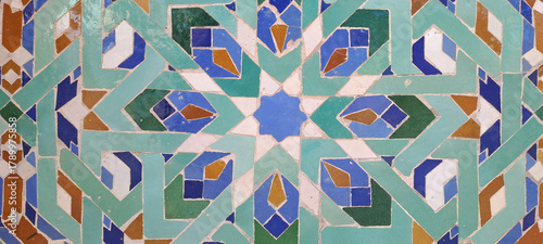 Moroccan zellige mosaic wall with islamic geometric pattern, hassan ii mosque