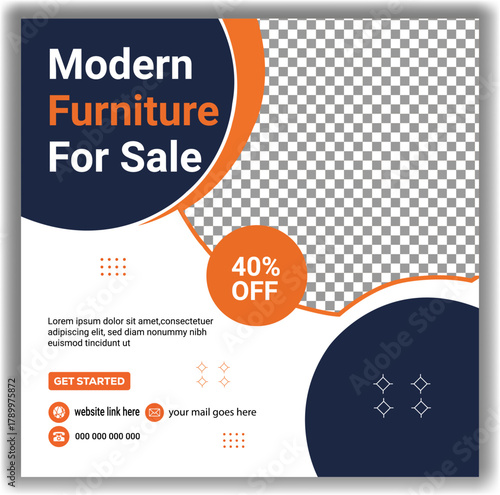 Modern furniture for sale social media post banner template with discount offer and contact details