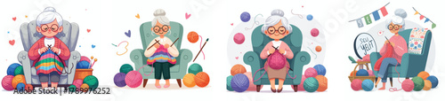 A grandmother knitting a colorful sweater while sitting on a chair, flat design, simple and minimalistic style, white background