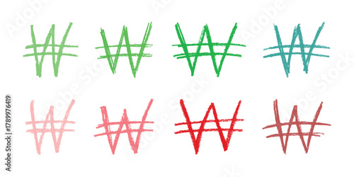 Set of hand drawn won currency symbol. Brush stroke doodle. Single element for design