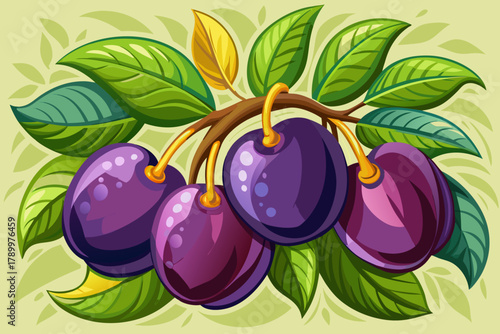 Dark purple plums clustered on leafy branch with bright sunlight