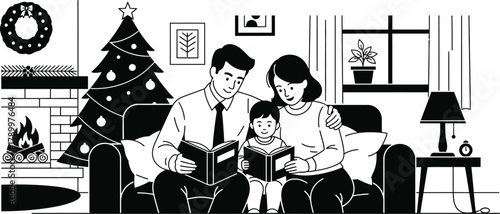 Cozy family reading Christmas stories by the fire in festive home