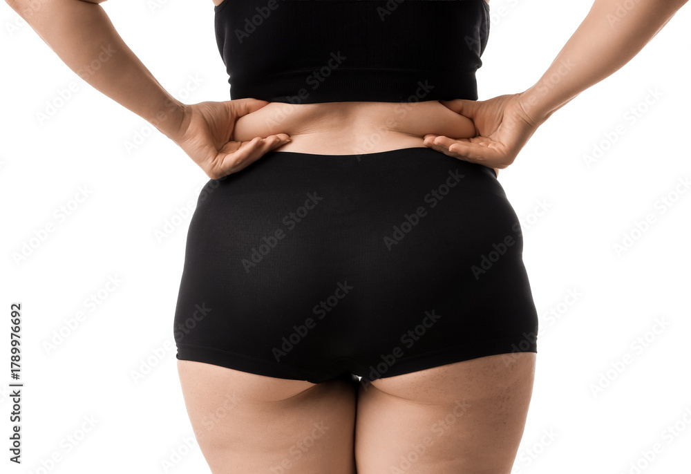 Fototapeta premium Overweight woman in underwear on white background, back view