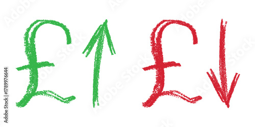 Hand drawn british pound currency symbol Growth and fall profit with arrow up and down Brush stroke doodle Element for design