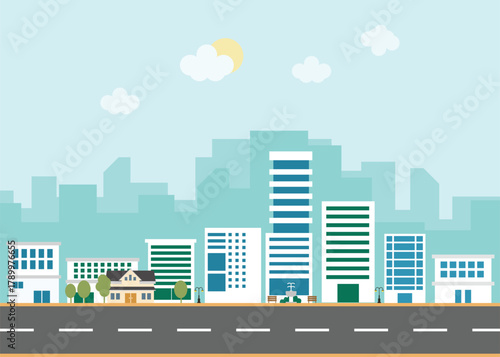 Urban buildings with straight highways. Flat image concept.