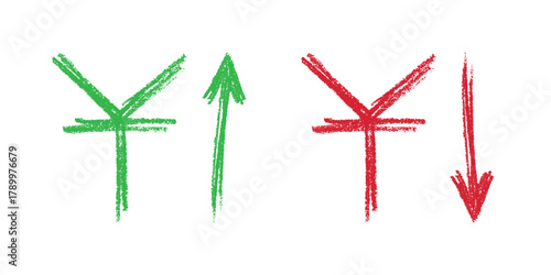 Hand drawn chinese yuan currency symbol Growth and fall profit with arrow up and down Brush stroke doodle Element for design