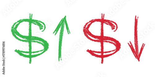 Hand drawn dollar currency symbol Growth and fall profit with arrow up and down Brush stroke doodle Element for design
