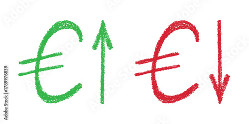 Hand drawn euro currency symbol Growth and fall profit with arrow up and down Brush stroke doodle Element for design
