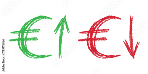 Hand drawn euro currency symbol Growth and fall profit with arrow up and down Brush stroke doodle Element for design